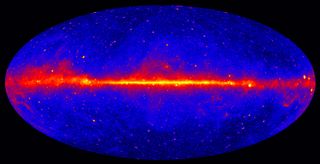 This view shows the entire sky in gamma-rays, based on five years of data from the LAT instrument on NASA's Fermi Gamma-ray Space Telescope. Brighter colors indicate brighter gamma-ray sources.