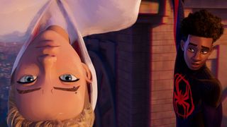 (L, R) An upside-down Gwen Stacy (Hailee Steinfeld) and right-side up Miles Morales (Shameik Moore) in Spider-Man: Across The Spider-Verse