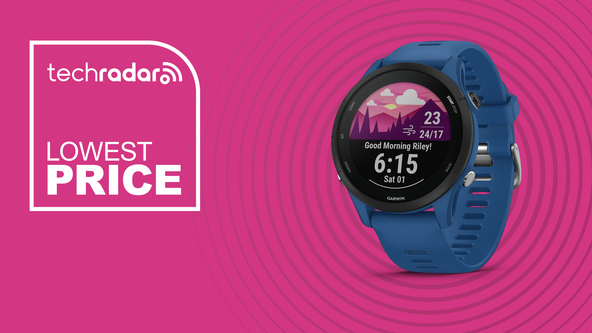 Garmin forerunner on a pink background with the text "lowest price"