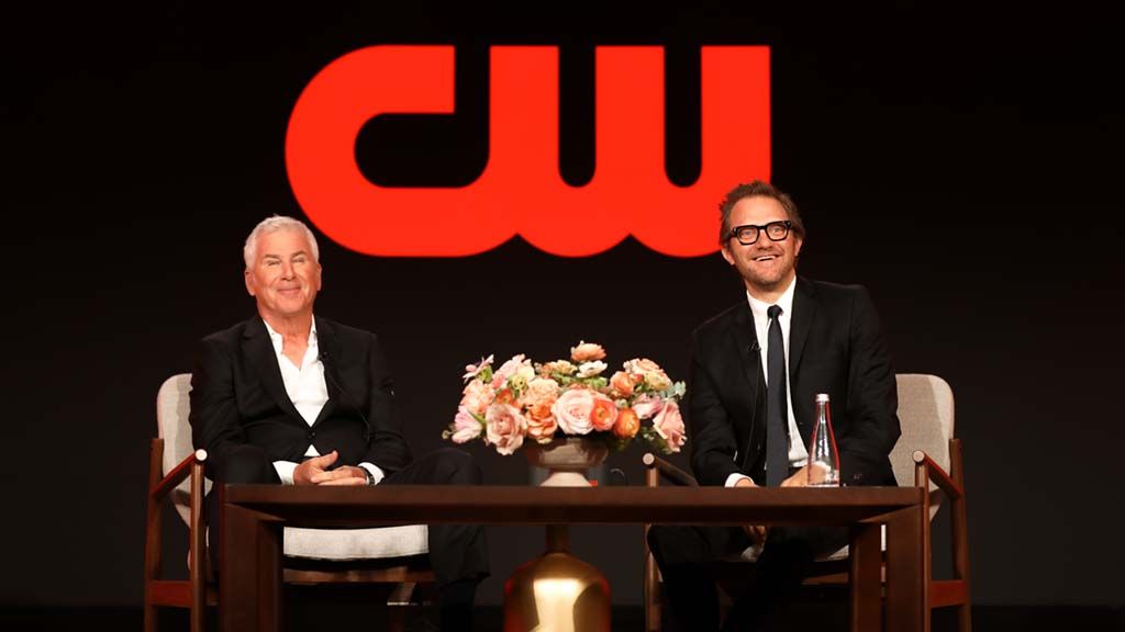 The CW president Dennis Miller (l.) and president, entertainment Brad Schwartz at the network’s TCA Press Tour presentation in January. 