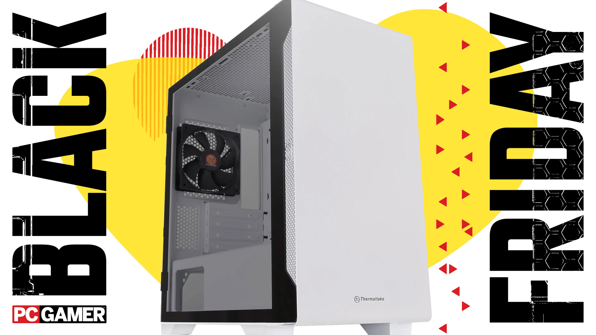 An image of a white Thermaltake PC case on a yellow and red background with the words Black Friday.