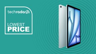 The iPad Air 11-inch (M3) on a blue background with text saying Lowest Price.