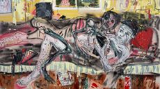 A vibrant portrait, painted with rushed brushstrokes, of two caricaturesque people depicted naked in bed in a yellow-painted room.