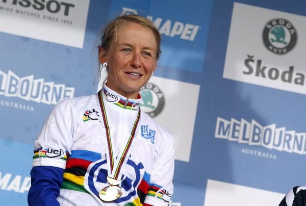 Emma Pooley was pleased to hear her national anthem on the Worlds podium.