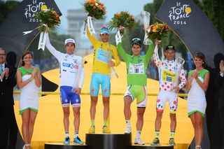 Thibault Pinot, Vincenzo Nibali, Peter Sagan and Rafal Majka on the podium after Stage 21 of the 2014 Tour de France