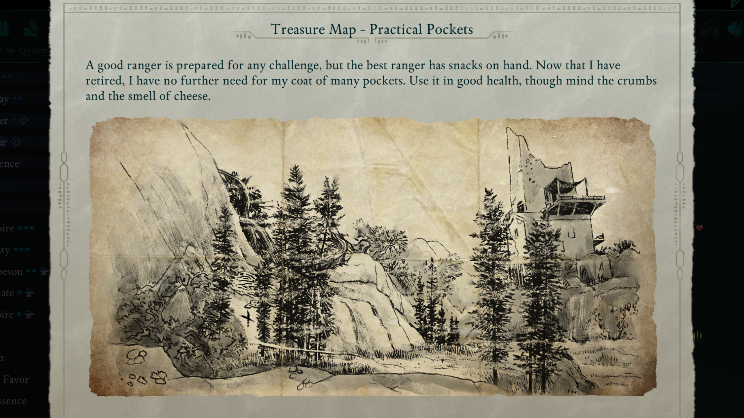 Avowed treasure maps - The clue page shows a painted map for Practical Pockets.