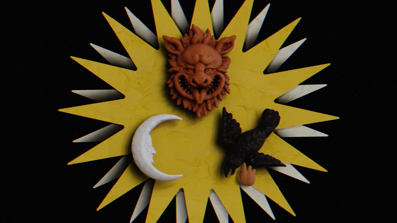 Claymation moon, lion, and raven in sunburst on black background in All Living Things