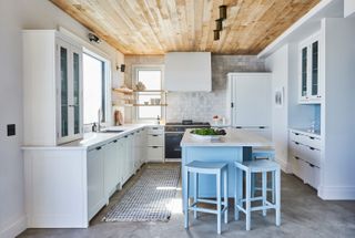 Beach House grey kitchen with blue island