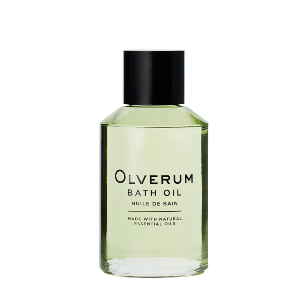 A product shot of the Olverum bath oil, on a white background
