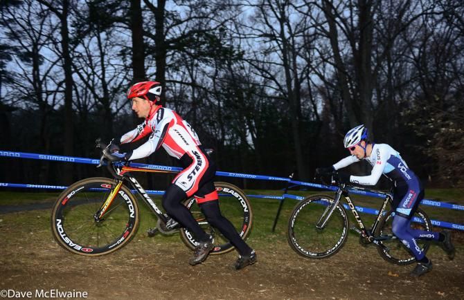 Derek St. John (Stevens Racing p/b The Cyclery) leading Jeremy Durrin on the run-up.