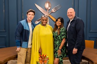 Andi Oliver with Great British Menu judges Tom Kerridge and Nisha Katona and comedian Ed Gamble.