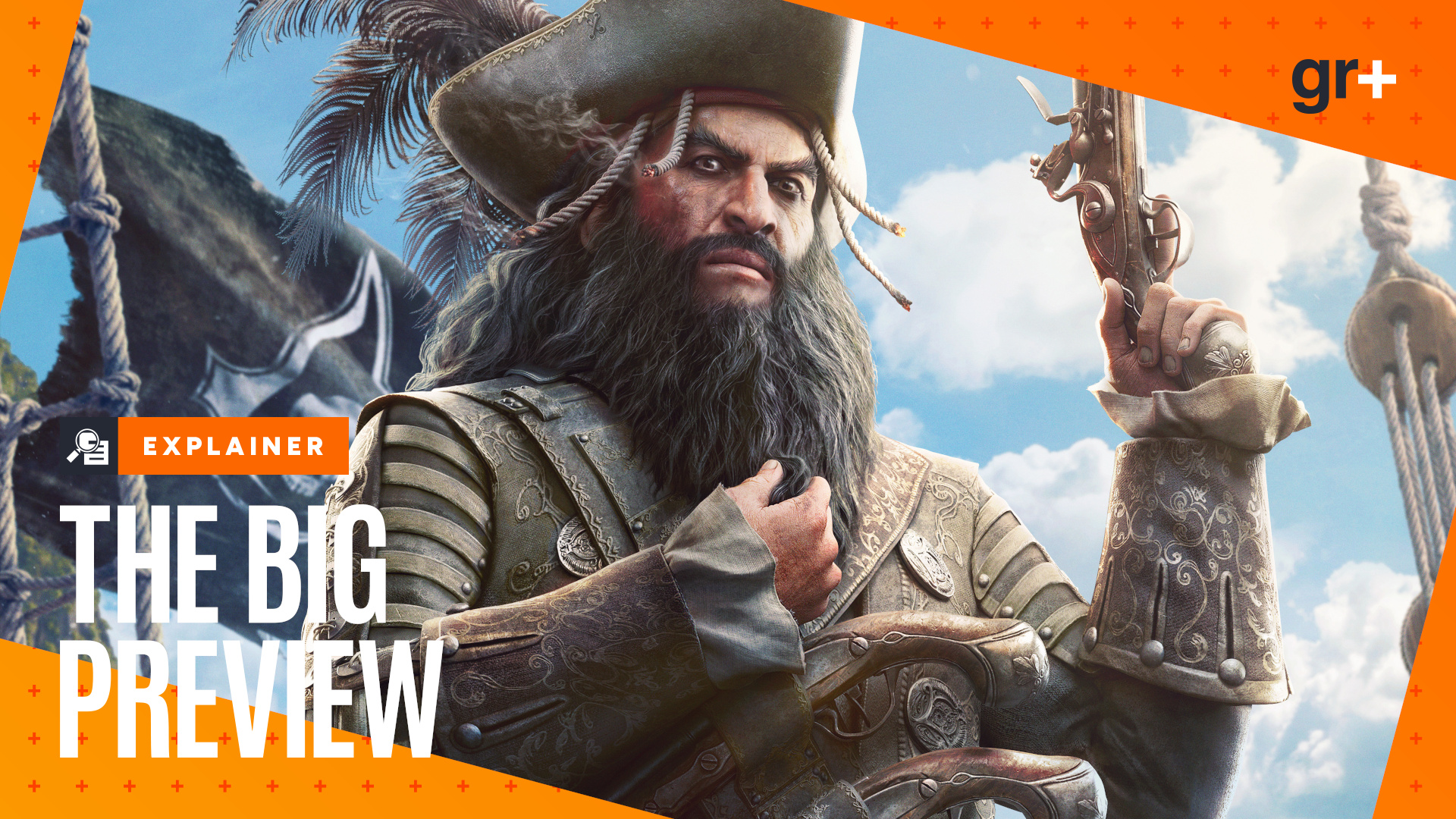 A cropped closeup of Blackbeard in Assassin's Creed Black Flag Resynced, with an orange GamesRadar+ Big Preview frame