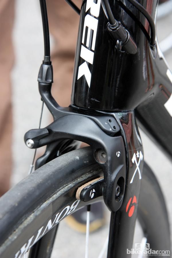Joe Dombrowski's (Bontrager-Livestrong) Trek Madone 7-Series is built with Bontrager's new integrated front brake caliper.