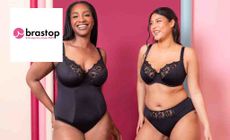 Bra stop logo placed over an image of two women posing in lingerie