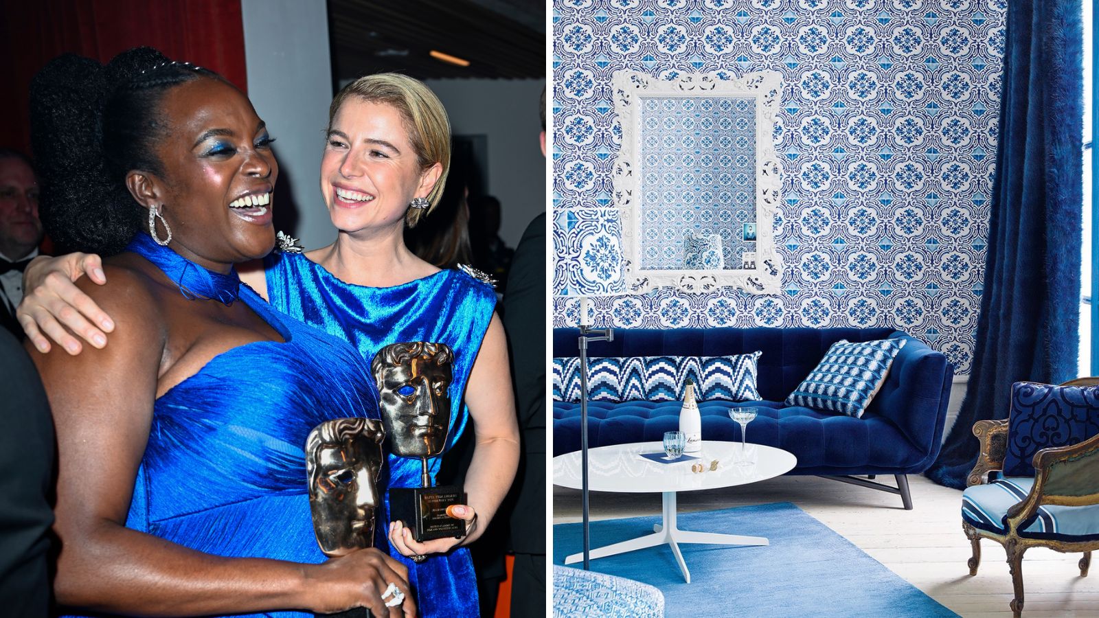jessie buckley and wunmi mosaku on the left and a blue living room on the right
