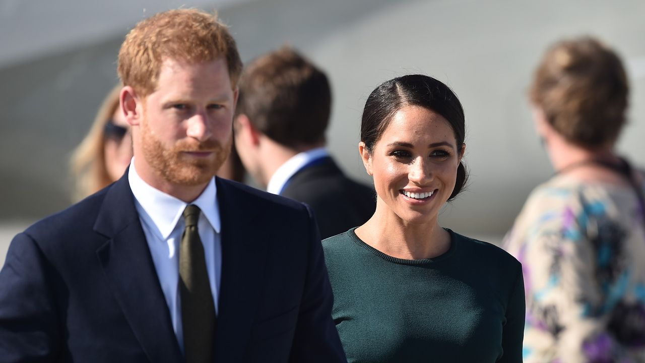 Harry, Duke of Sussex and Meghan, Duchess of Sussex arrive at Dublin city airport on their official two day royal visit to Ireland on July 10, 2018 in Dublin, Ireland