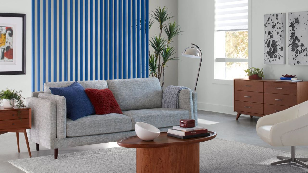 modern living room with electric blue striped feature wall