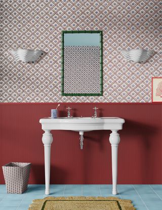 Bathroom with wallpaper and red paneling