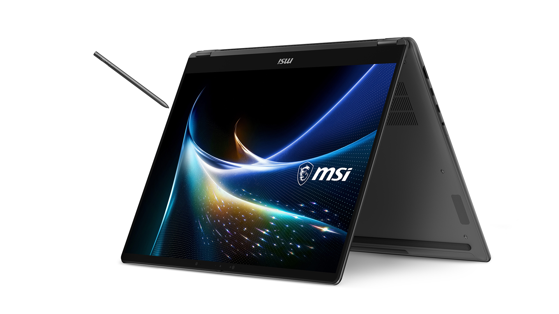MSI Prestige N16 FLIP AI+ with a stylus in tent mode