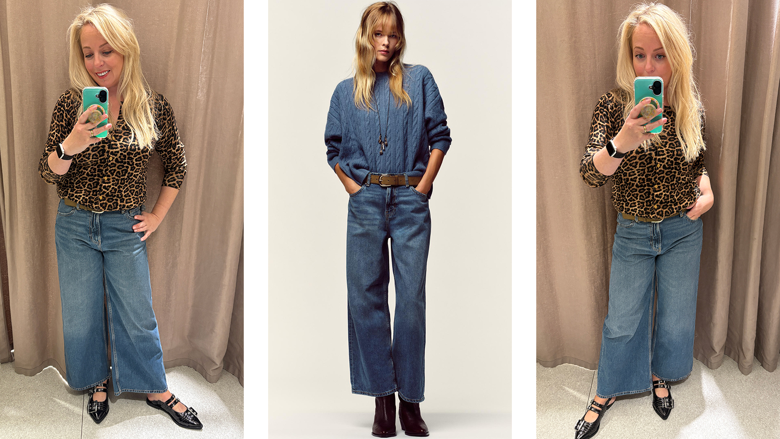 Antonia Kraskowski tries on wide leg cropped jeans from Zara; the same jeans on a Zara model