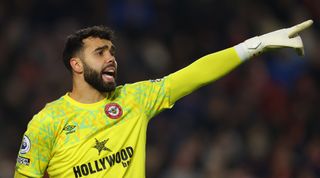 Brentford goalkeeper David Raya points and gives instructions during the Premier League match between Brentford and Liverpool on 2 January, 2023 at the Gtech Community Stadium in London, United Kingdom.