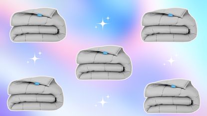 A blue, pink and purple gradient background with cut outs of a weighted blanket and white sparkles