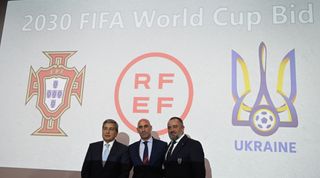 The presidents of the Portuguese, Spanish and Ukrainian football federations pictured as Portugal, Spain and Ukraine confirm their joint bid to host the 2030 FIFA World Cup