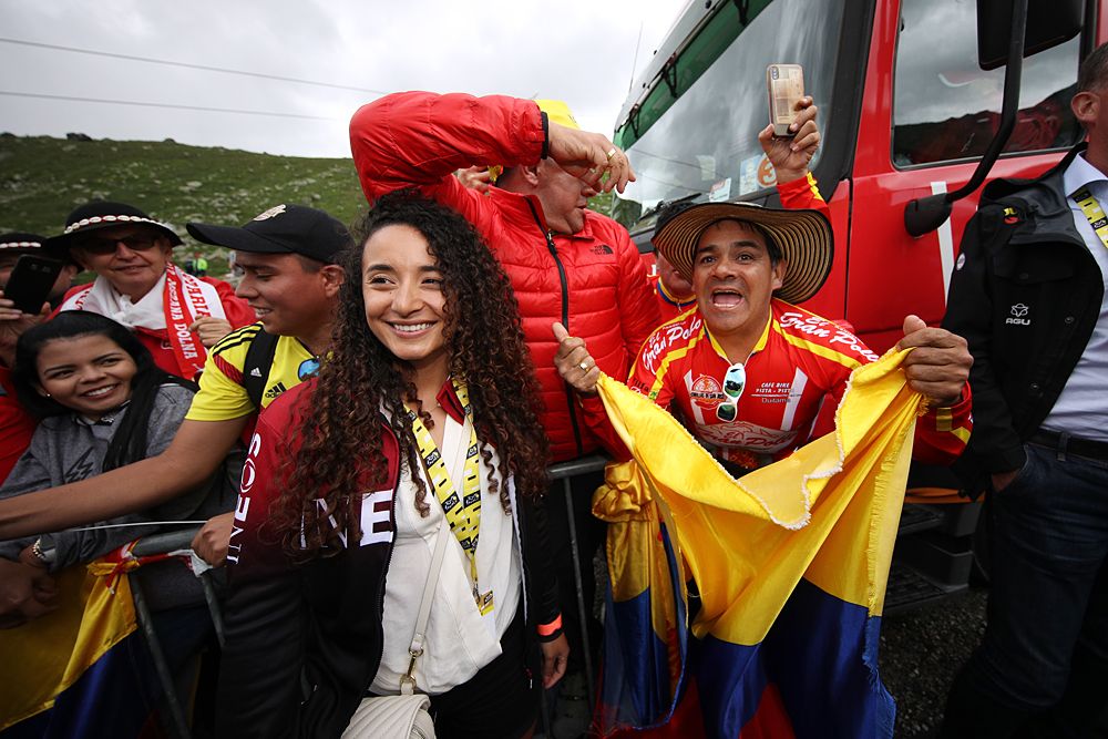 Xiomy Guerrero of Colombia Girlfriend of Egan Bernal of Colombia and Team INEOS Yellow Leader Jersey