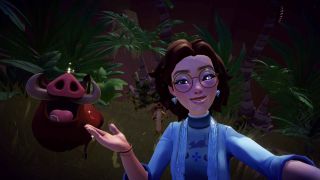 Player avatar and Timon and Pumbaa in the Lion King Realm in Disney Dreamlight Valley