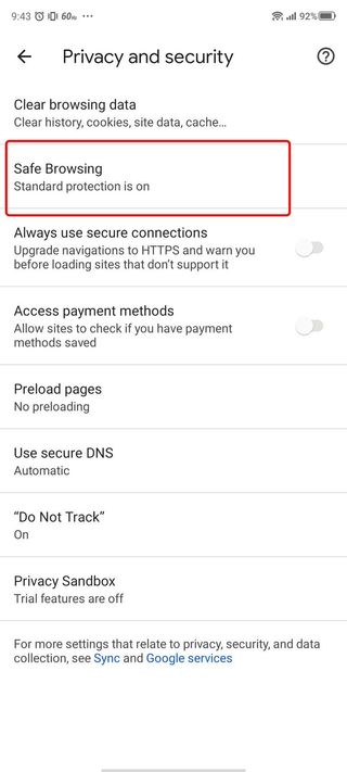 Google Chrome Enable Safe Browsing Android