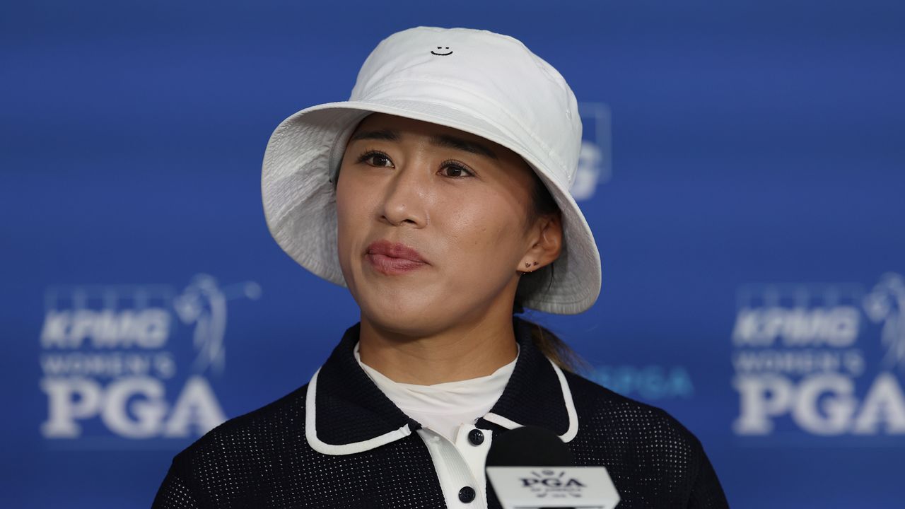 Amy Yang looks on during her post-round press conference at the 2024 KPMG Women&#039;s PGA Championship