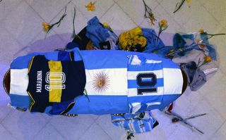 The coffin with the remains of Diego Maradona in state inside the presidential palace in Buenos Aires, Argentina