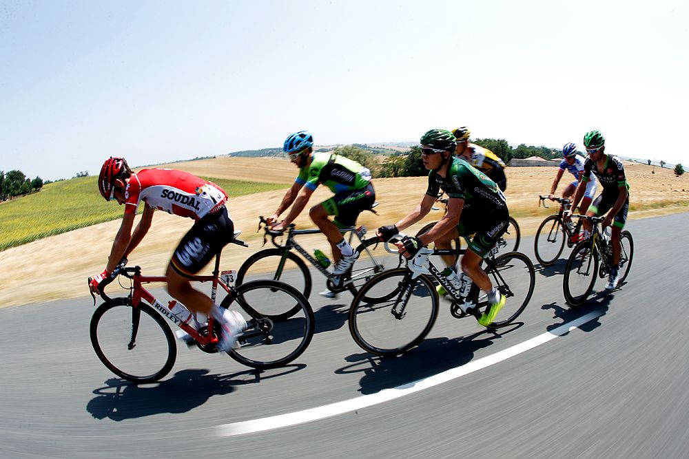 Thomas de Gendt (Lotto-Soudal), Nathan Haas (Team Cannondale-Garmin), Cyril Gautier (Europcar), Wilco Kelderman (LottoNL-Jumbo), Pierre-Luc Perichon (Bretagne-Seche Environnement) and Alexandre Geniez (FDJ)