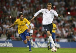 Peter Crouch playing for England against Brazil in a friendly at Wembley, 2007