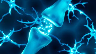 illustration of the gap between two neurons, with glowing spheres (representing neurotransmitters) passing between the cells