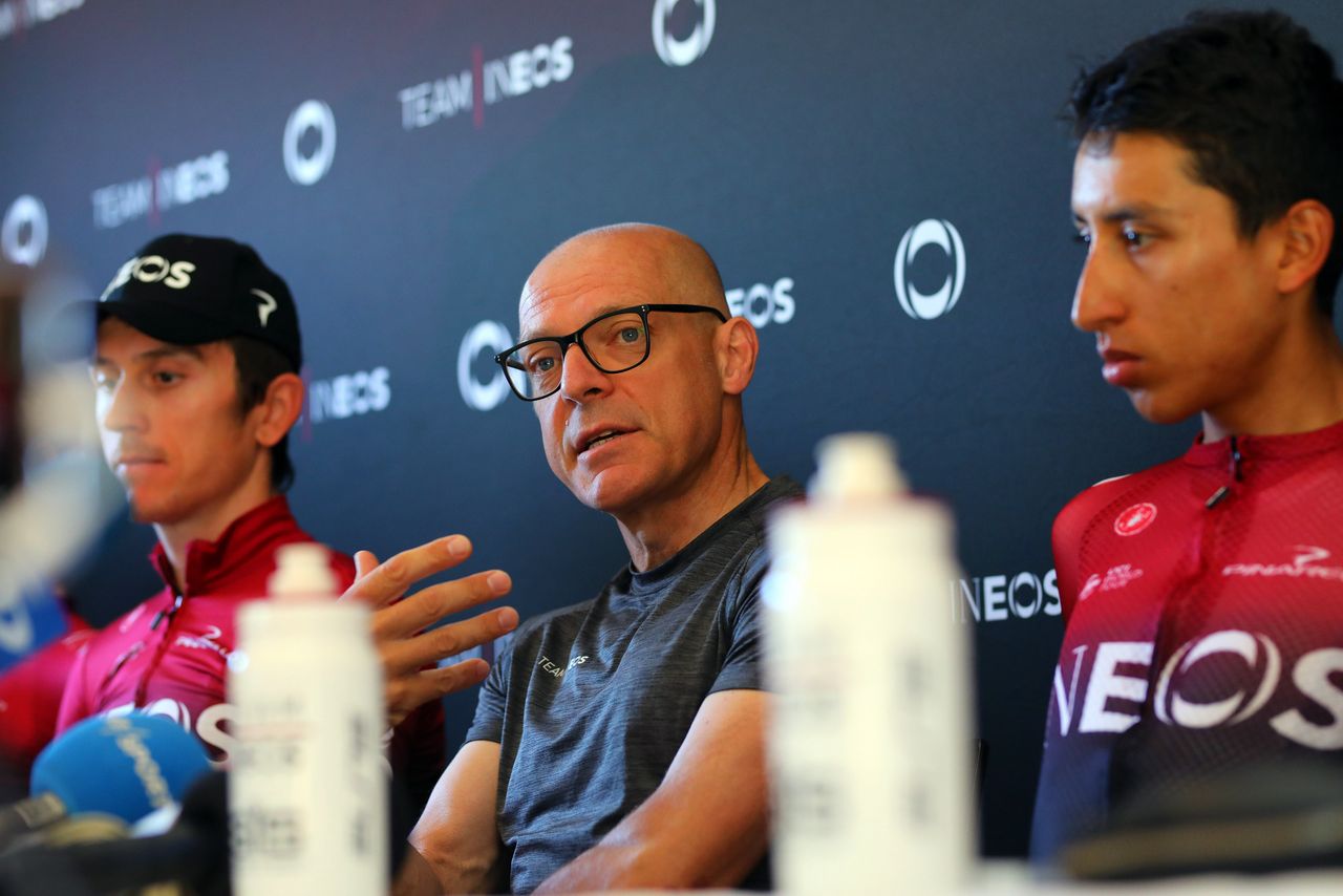 Geraint Thomas, Dave Brailsford and Egan Bernal speak to the press