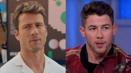 Glen Powell in Anyone But You/ Nick Jonas on the Kelly Clarkson Show
