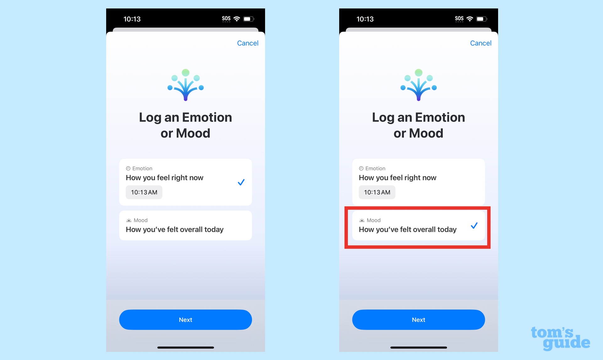كيفية تسجيل حالتك المزاجية في iOS 17، اختر الحالة العقلية التي تريد تسجيلها في تطبيق Health