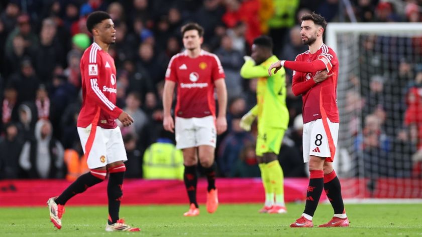 A dejected Bruno Fernandes of Manchester United during the Emirates FA Cup Fourth Round match between Manchester United and Leicester City at Old Trafford on February 7, 2025 in Manchester, England.