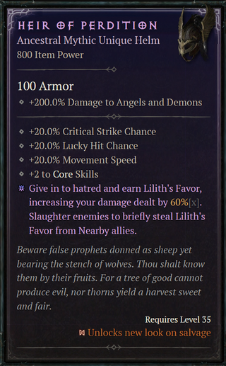 A Diablo 4 Vessel of Hatred item tooltip for the Heir of Perdition helmet