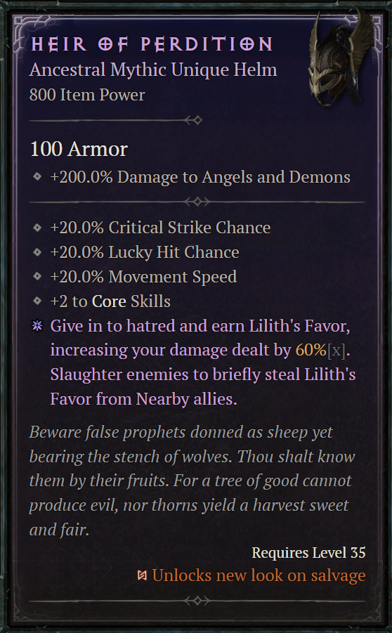 A Diablo 4 Vessel of Hatred item tooltip for the Heir of Perdition helmet