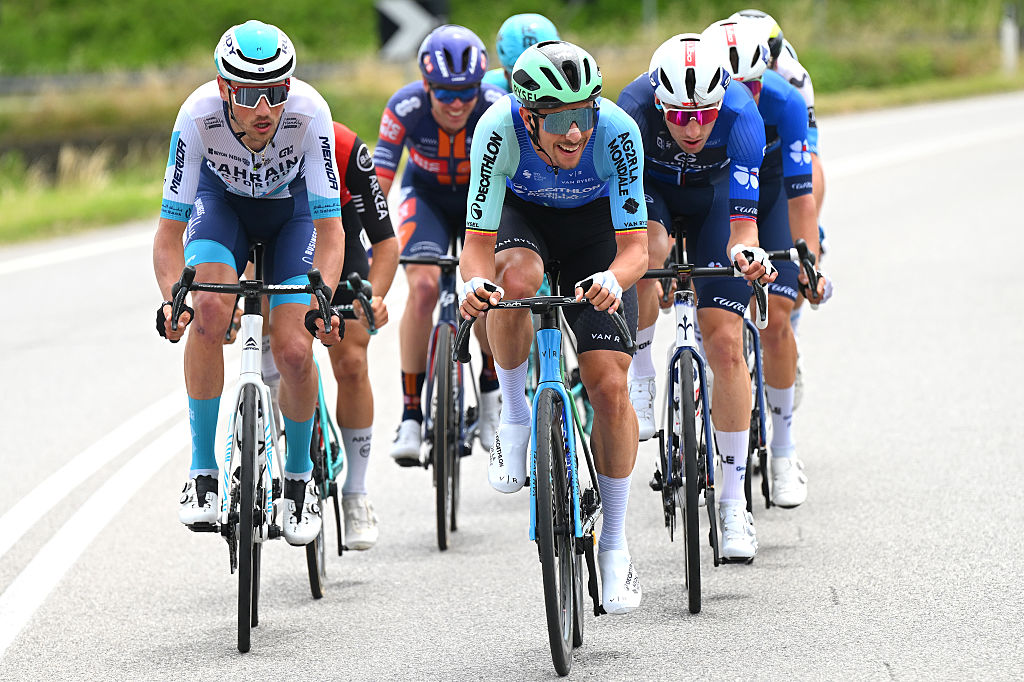 VICENZA ITALY MAY 23 LR Fran Miholjevic of Croatia and Team Bahrain Victorious Dries De Bondt of Belgium and Team Decathlon AG2R La Mondiale and Sven Erik Bystrom of Norway and Team Groupama FDJ compete in the breakaway during the 108th Giro dItalia 2025 Stage 13 a 180km stage from Rovigo to Vicenza UCIWT on May 23 2025 in Vicenza Italy Photo by Tim de WaeleGetty Images