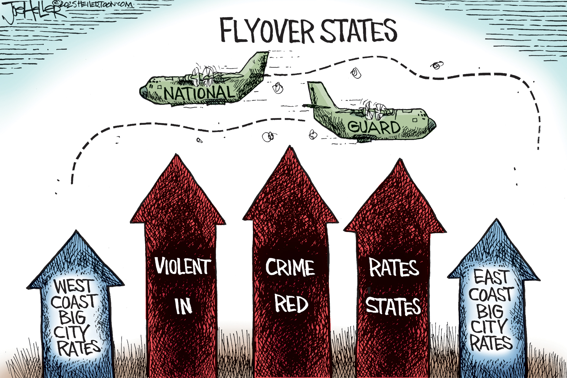 This cartoon is titled &quot;FLYOVER STATES&quot; and shows five large arrows pointing upward. The two light-colored arrows on the sides represent &quot;WEST COAST BIG CITY RATES&quot; and &quot;EAST COAST BIG CITY RATES.&quot; The three taller dark-colored arrows are labeled &quot;VIOLENT CRIME RATES IN RED STATES&amp;rdquo; Two National Guard planes fly above the arrows bypassing the red states in favor of the states with less crime.