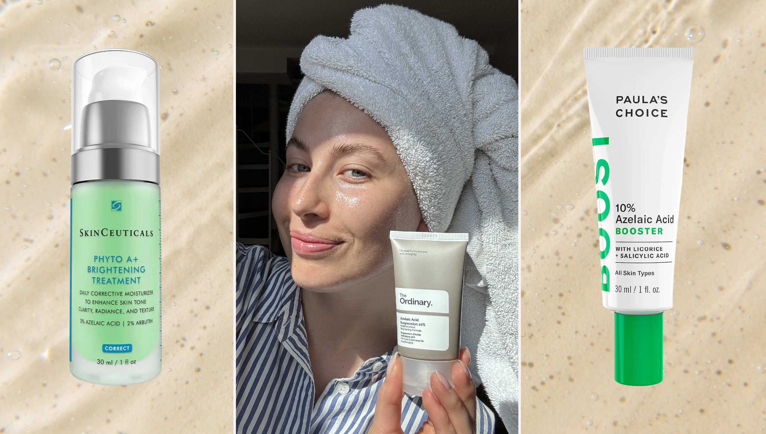 a woman in a white and blue striped shirt with a towel in her hair holding a gray and white bottle of skincare, next to a tan background with two green bottles of skincare