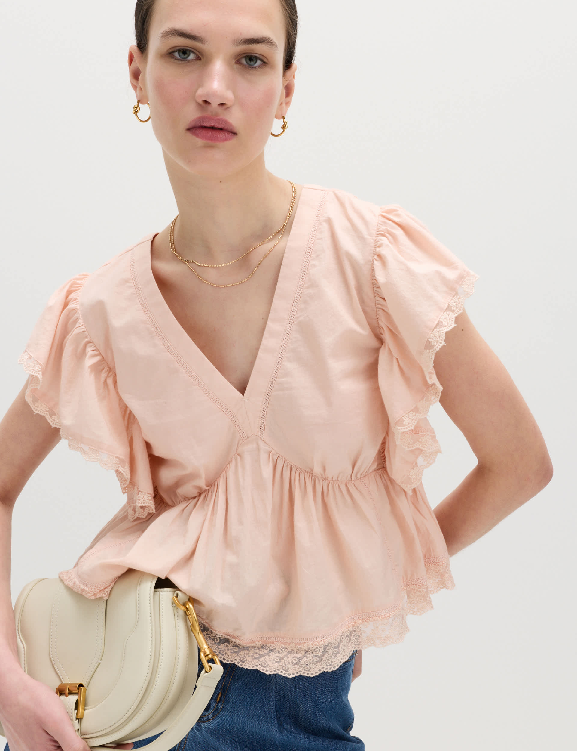 Pure Cotton Ruffle Embroidered Detail Blouse