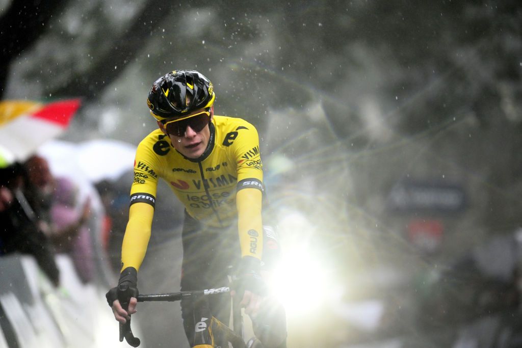 ALTO DE SAN XIAO MONTE ALOIA SPAIN FEBRUARY 25 Jonas Vingegaard Hansen of Denmark and Team Visma Lease a Bike Yellow Leader Jersey celebrates at finish line as stage winner during the 3rd O Gran Camio The Historical Route 2024 Stage 4 a 110km stage from Ponteareas to Alto de San Xiao Monte Aloia 629m Stage shortened due to the adverse weather on February 25 2024 in Alto de San Xiao Monte Aloia Spain Photo by Dario BelingheriGetty Images