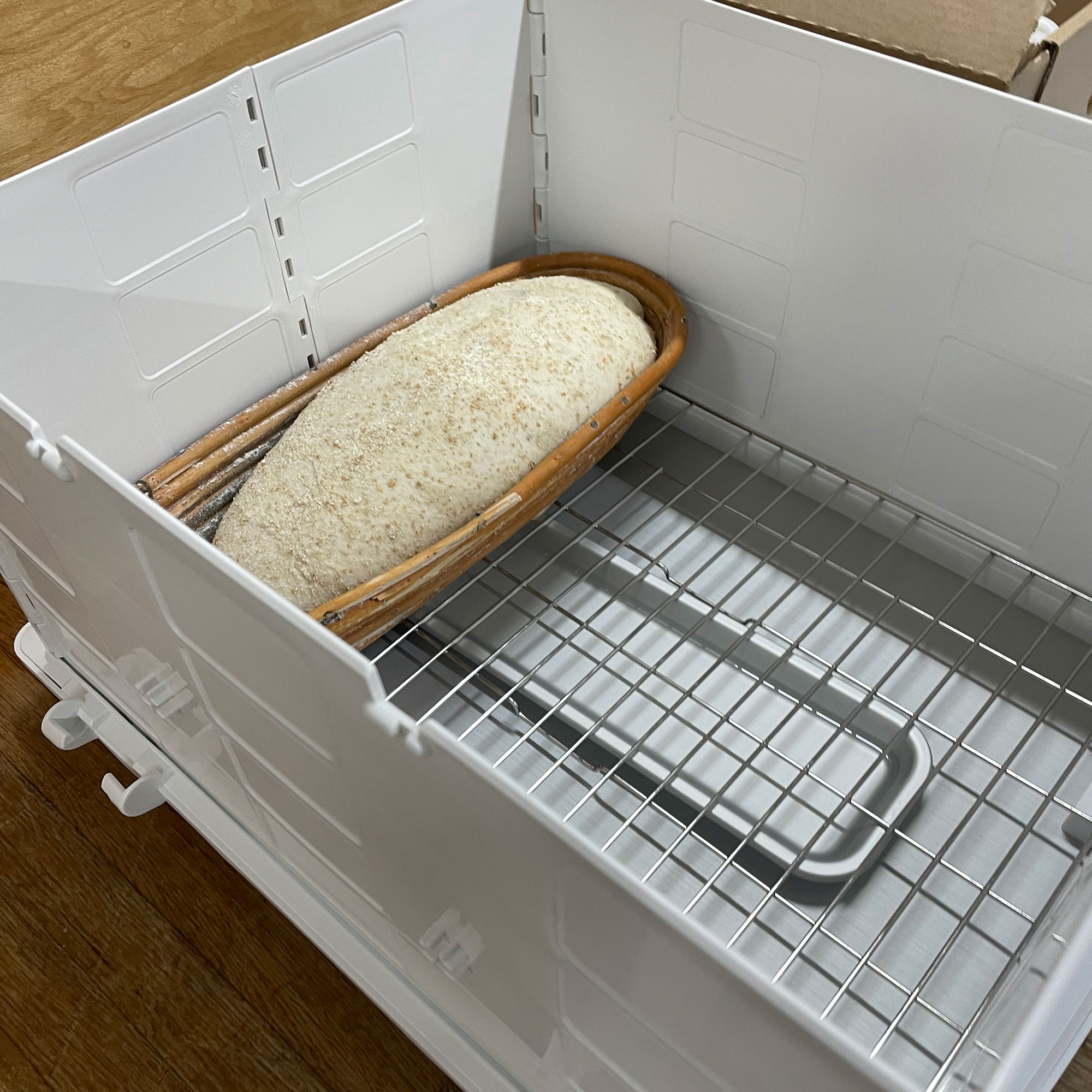 Brod &amp;amp; Taylor Folding Proofer with banneton of bread dough inside