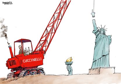 Political Cartoon Ken Cuccinelli Statue of Liberty Middle Finger