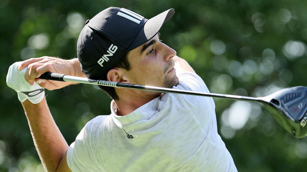 Joaquin Niemann a his tee shot during day three of the Boston LIV Golf Invitational Series Event