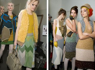 2 individual baclstage images with Female models dressed in the Missoni A/W 2014 backstage of the fashion show